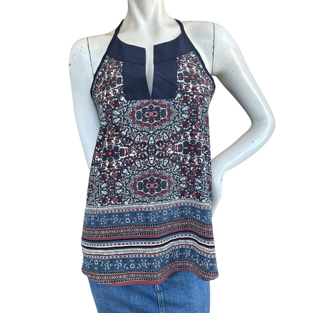 Athleta High Neck Sleeveless Blue White Red Boho Keyhole Back Blouse Size XXS